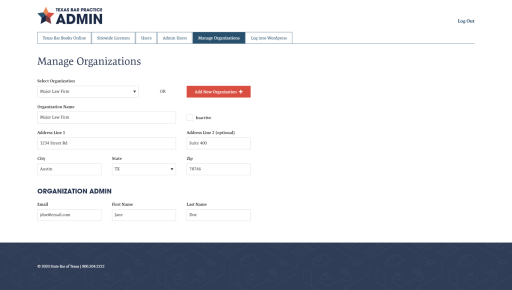 Texas Bar Practice admin page design