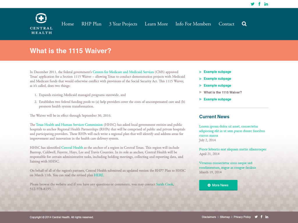 Central Health - Regional Health Partnership 7 subsite - subpage design