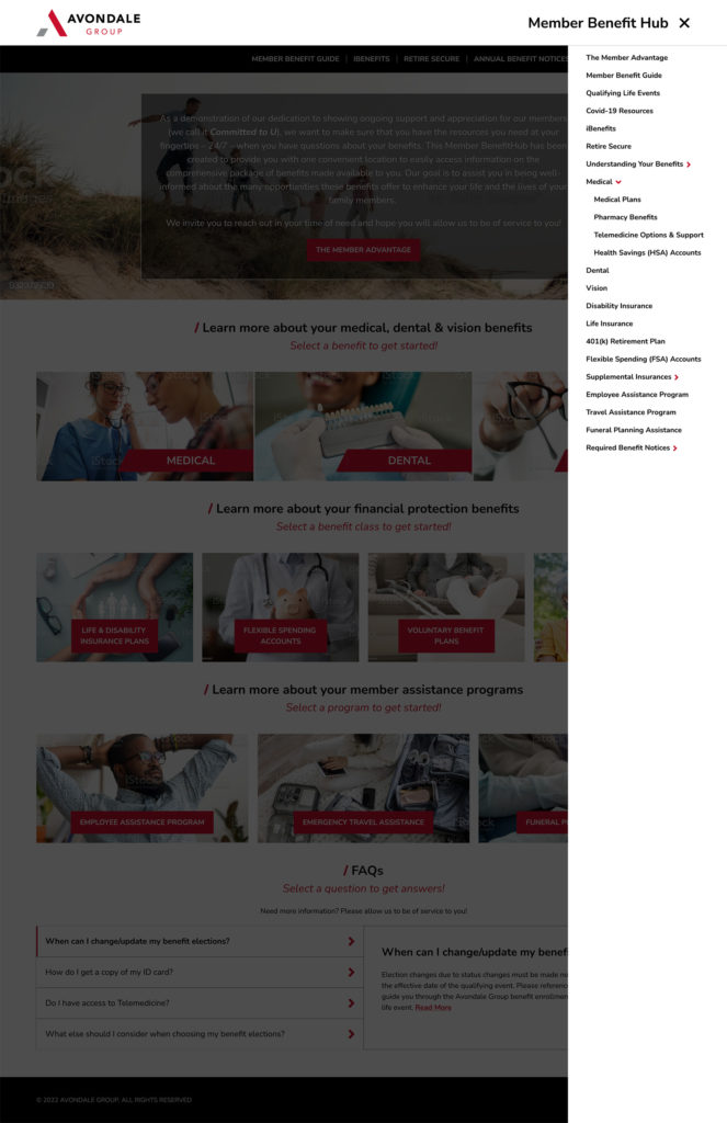 Avondale BenefitHub home page design with menu expanded