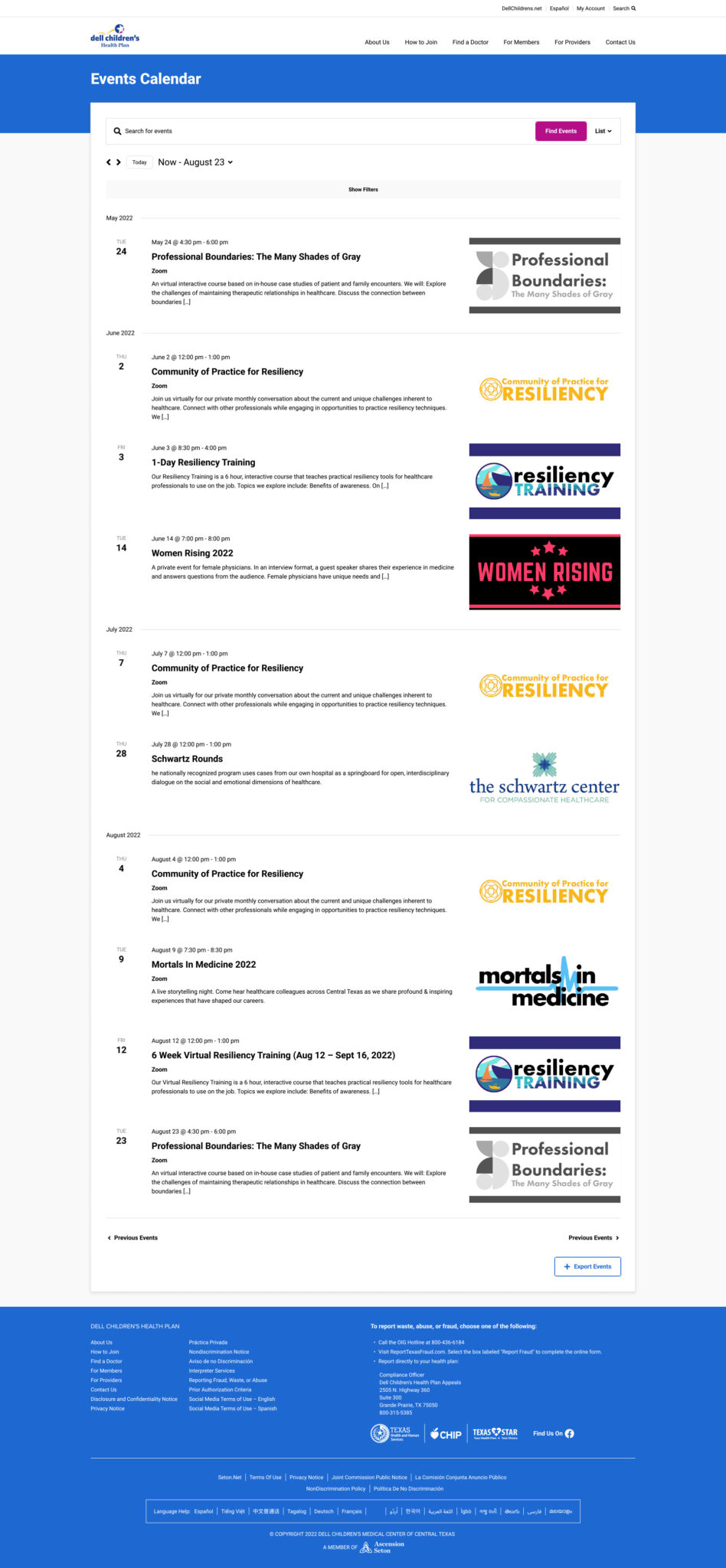 Dell Children's Health Plan Redesign events page design