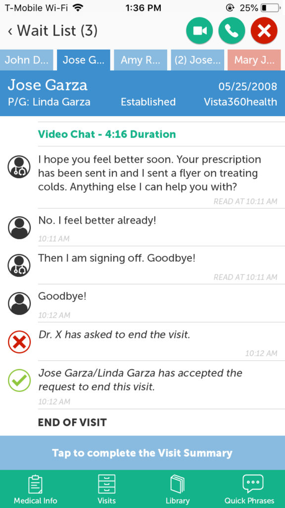 eMDaccess phone app design - Patient visit part 2 with alternate "complete visit summary" button