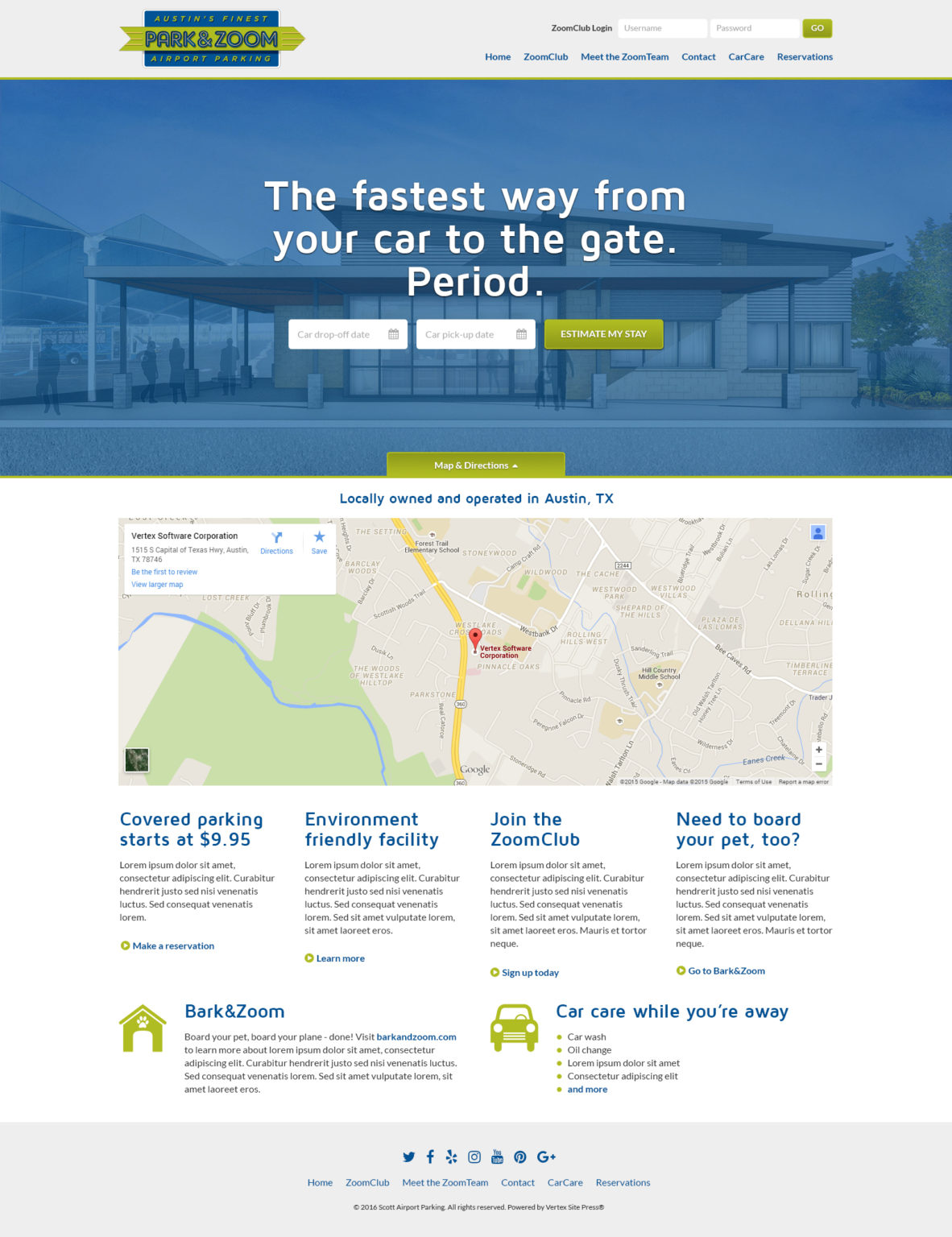 Original Park&Zoom home page design with map expanded