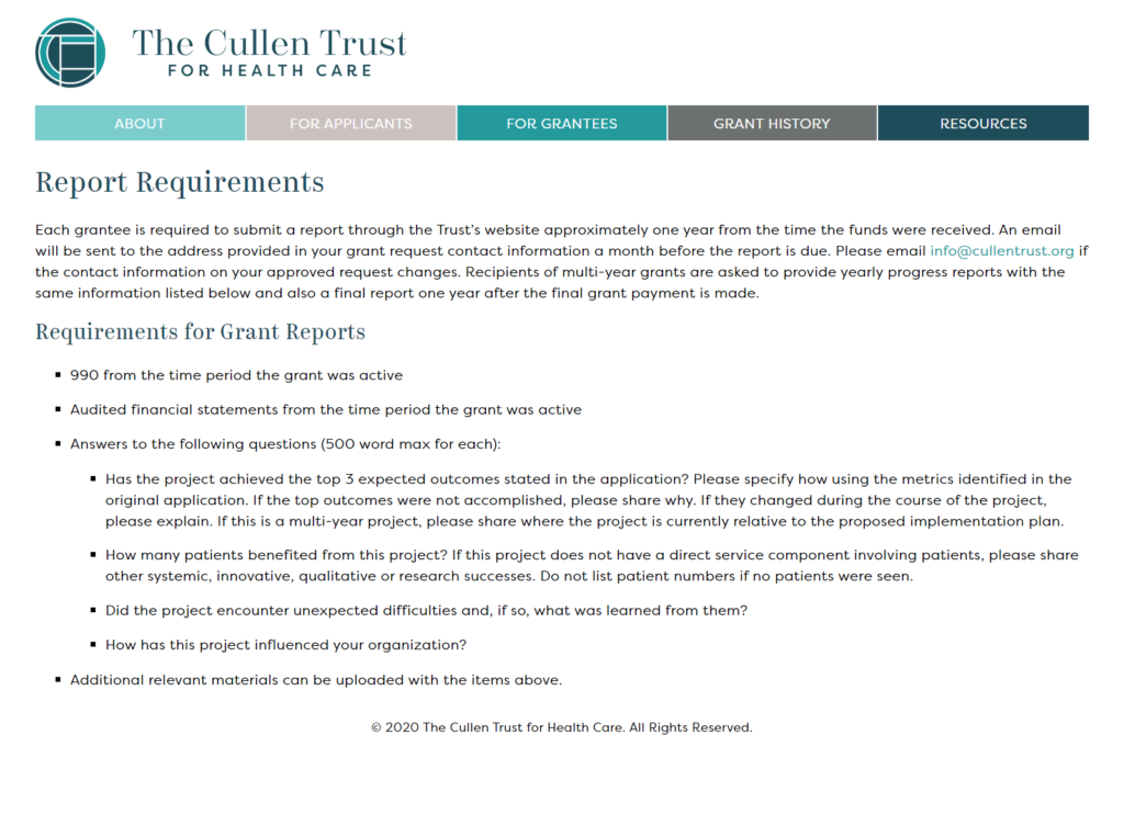 Cullen Trust for Health Care subpage design - Report Requirements